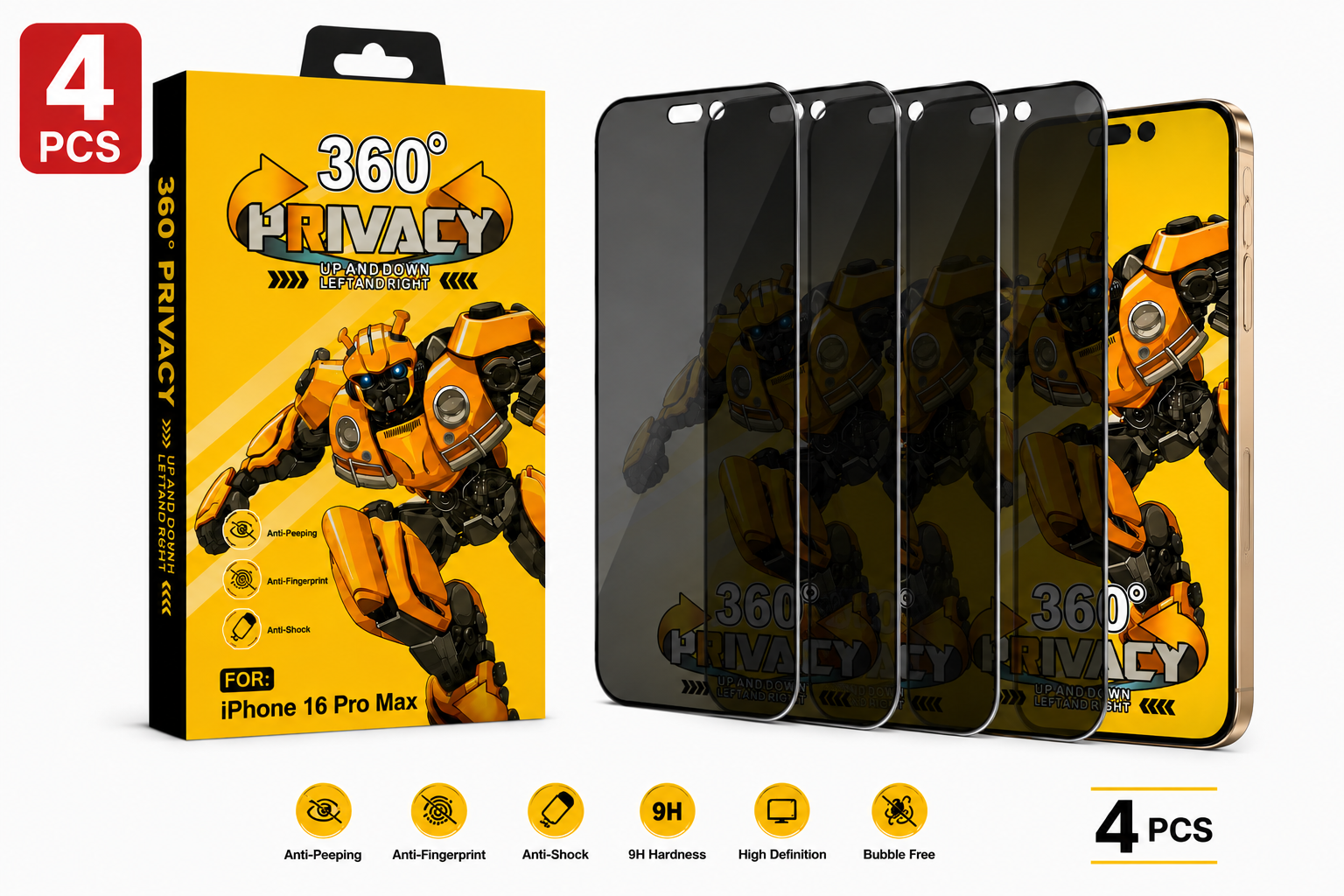 iPhone 16 Pro Max/17 Pro Max Privacy Displayschutzfolie Full Cover mit AB-Kleber – 9H Hartglas