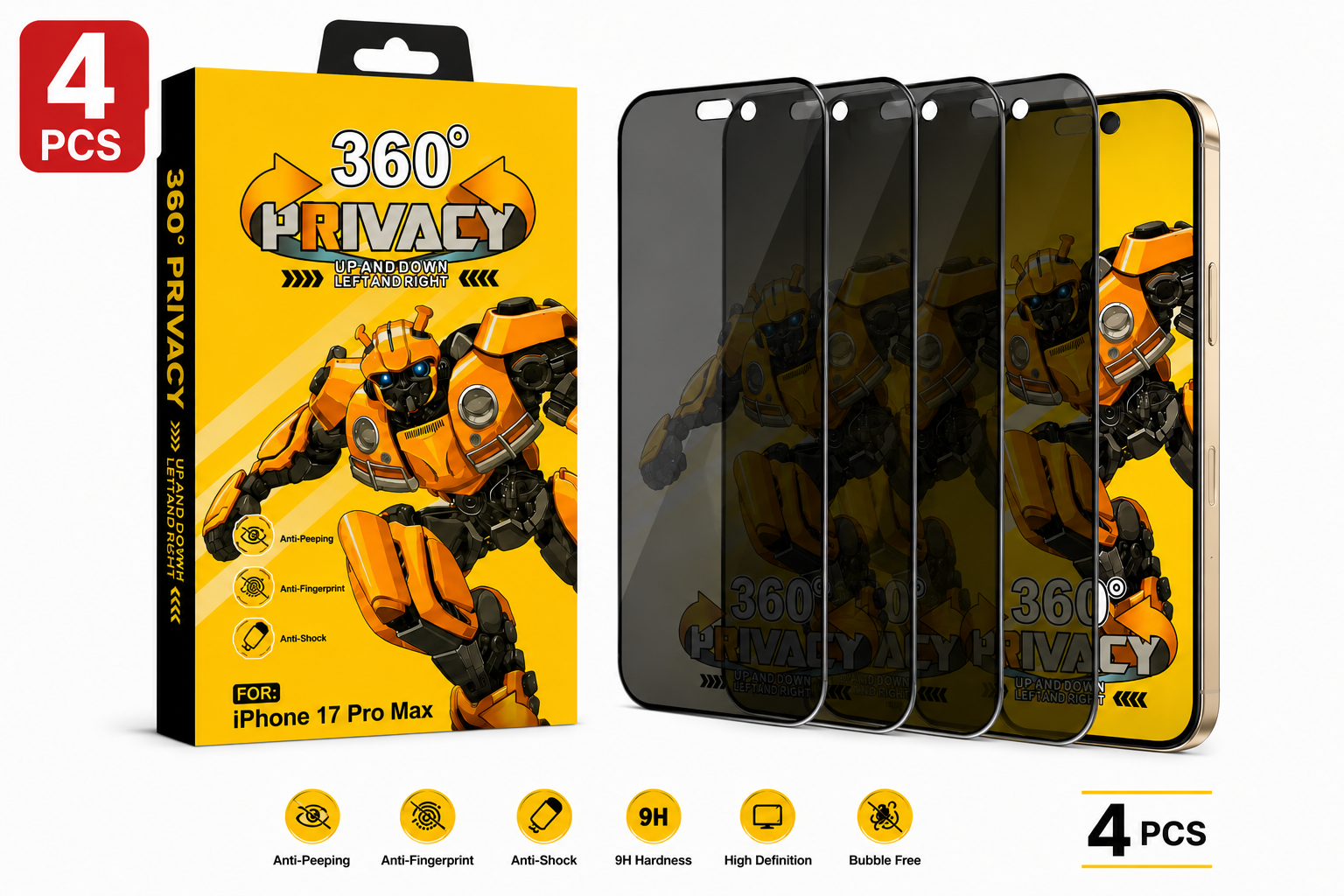 iPhone 16 Pro Max/17 Pro Max Privacy Displayschutzfolie Full Cover mit AB-Kleber – 9H Hartglas