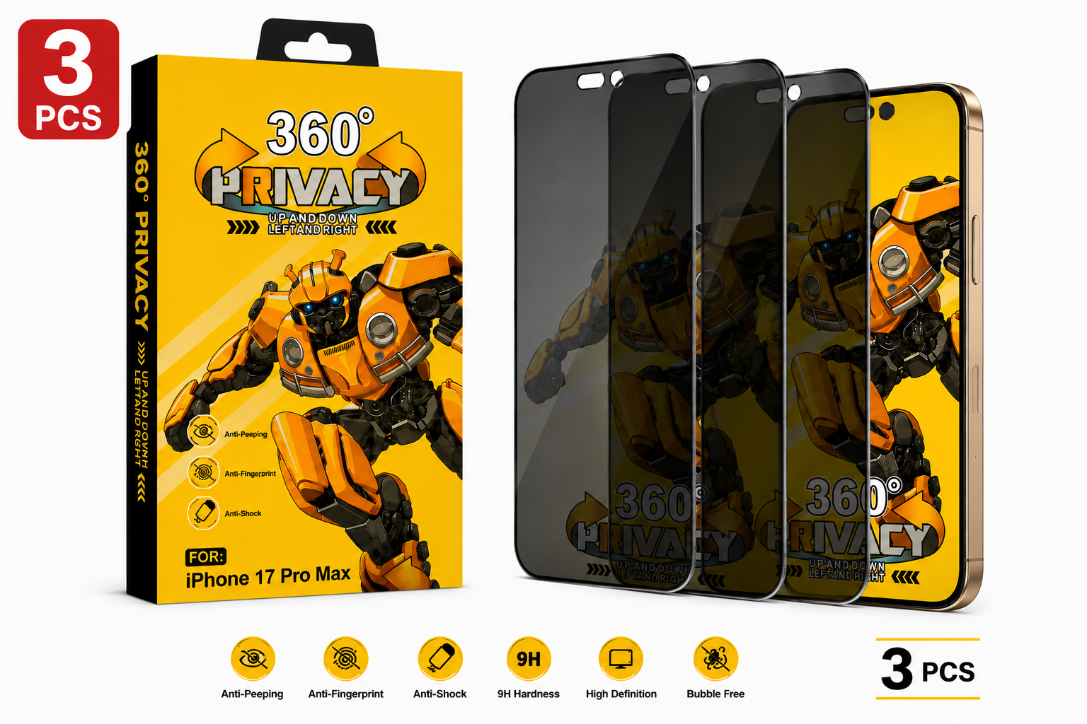 iPhone 16 Pro Max/17 Pro Max Privacy Displayschutzfolie Full Cover mit AB-Kleber – 9H Hartglas