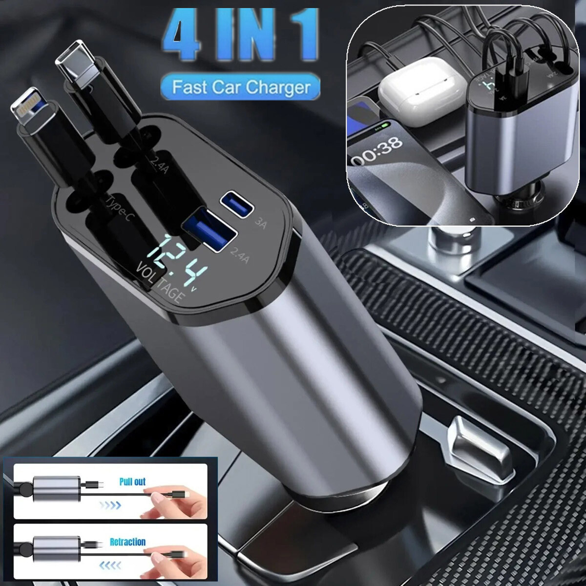 4-in-1 Auto-Ladegerät 120W – Schnellladegerät fürs Auto mit USB-C-Kabel