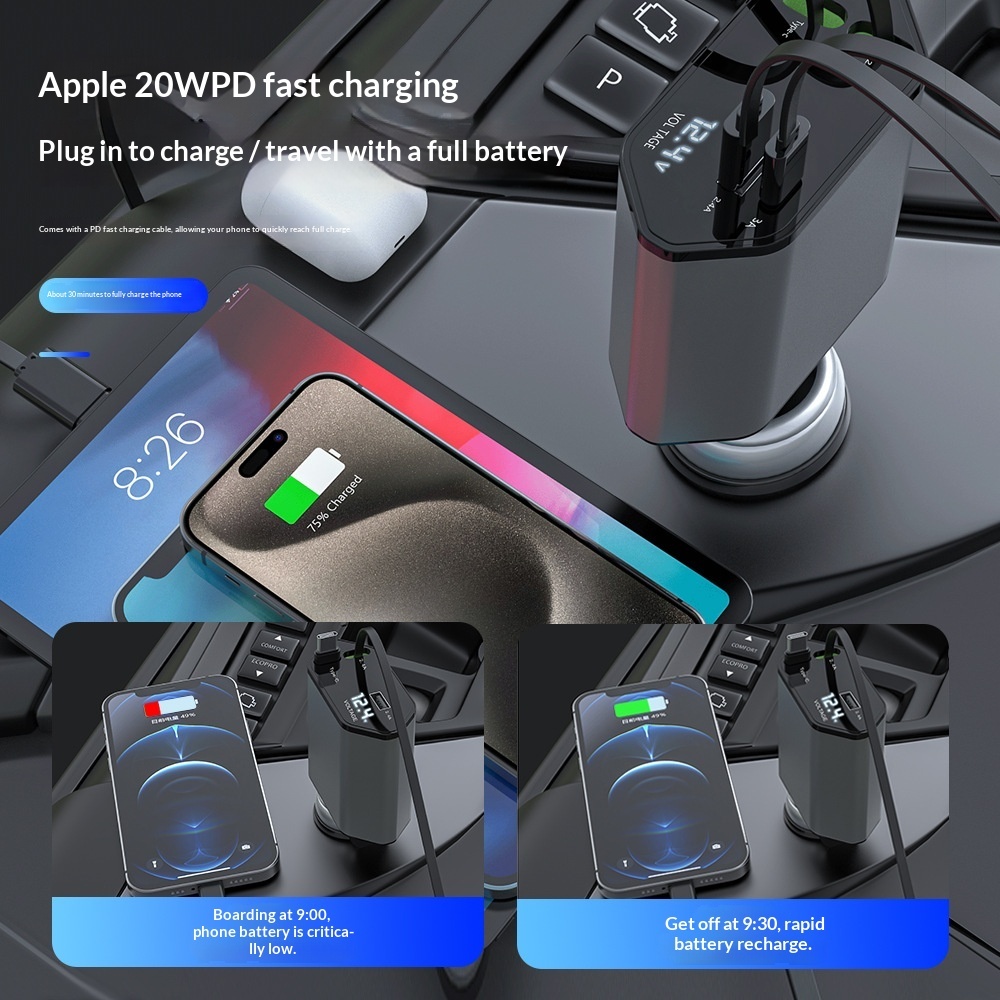 4-in-1 Auto-Ladegerät 120W – Schnellladegerät fürs Auto mit USB-C-Kabel – Bild 4